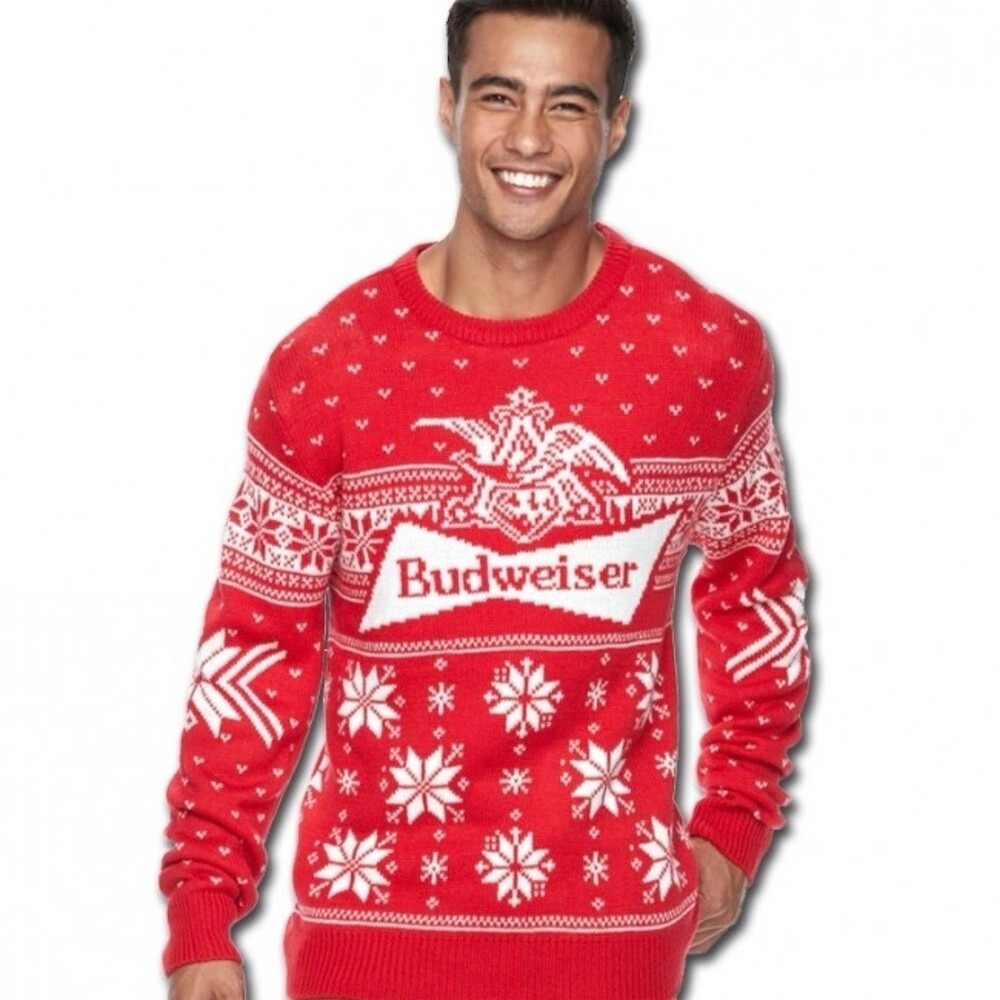 Budweiser Sweater Mens Large Red White Snowflake Holiday Ugly Christmas Knit